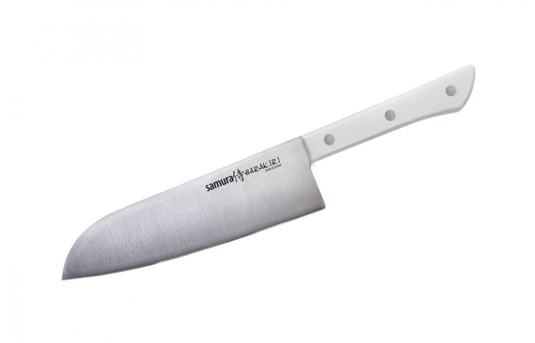 Нож кухонный Сантоку HARAKIRI 175 мм, AUS 8 #3000 белый /Samura Универсальный нож-топорик Samura Harakiri Сантоку справится на кухне сразу с тремя задачами. Он может резать, рубить и "крошить" продукты. Японские ножи серии Harakiri отличаются легкостью, балансом формы и содержания. Стальное тонкое лезвие, заточенное на водном камне, надолго сохранит остроту и никогда не заржавеет. Рукоять из высококачественного пластика идеально ляжет в руку и не будет выскальзывать даже из влажных ладоней


Назначение	Японский шеф нож. Подходит для всех видов работ на кухне.
Длина лезвия, мм	175
Материал лезвия	AUS 8
Твердость лезвия, HRC	58
Количество слоев	1
Тип заточки	двусторонняя, #3000
Материал рукояти	ABS пластик
Упаковка	блистер