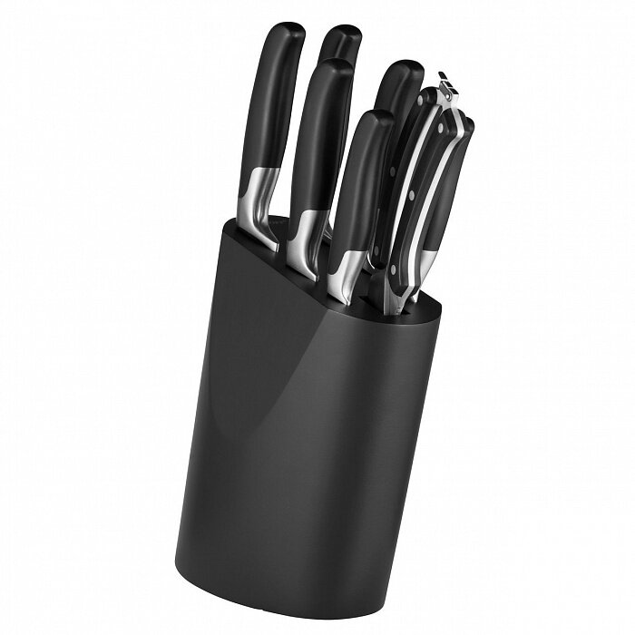 Набор ножей (8 пр.) Essentials  /BergHOFF Этот набор из 8 ножей идеально подходит для нарезки самых разнообразных ингредиентов ломтиками, дольками или кубиками. В прочной подставке в стильном черном корпусе безопасно хранятся 7 высококачественных ножей с заточенным вручную лезвием из нержавеющей стали и черной контурной рукояткой, которая подойдёт вам как перчатка. С ножом для очистки овощей, универсальным ножом, разделочным ножом, ножом для хлеба, поварским ножом, ножом сантоку и ножницами для птицы, набор гарантирует, что у вас есть инструмент для каждой кулинарной задачи, который также прост в уходе и хорошо сбалансирован для обеспечения оптимального контроля.

Состав набора
1шт нож для очистки 8,5 см
1шт универсальный нож 12,5 см
1шт нож для мяса 20 см
1шт нож для хлеба 20 см
1шт поварской нож 20 см
1шт нож Сантоку 17,5 см
1шт ножницы для птицы
1шт колода