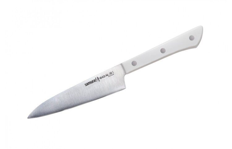 Нож кухонный универсальный HARAKIRI 120 мм, AUS 8 #3000 белый /Samura Нож Samura Harakiri  Универсальный предназначен для нарезки некрупных продуктов. Японские ножи серии Harakiri отличаются легкостью, балансом формы и содержания. Стальное тонкое лезвие, заточенное на водном камне, надолго сохранит остроту и никогда не заржавеет. Рукоять из высококачественного пластика идеально ляжет в руку и не будет выскальзывать даже из влажных ладоней. 



Назначение	Для общего назначения. Можно выполнять все виды работ на кухне
Длина лезвия, мм	120
Материал лезвия	AUS 8
Твердость лезвия, HRC	58
Количество слоев	1
Тип заточки	двусторонняя, #3000
Материал рукояти	ABS пластик
Упаковка	блистер