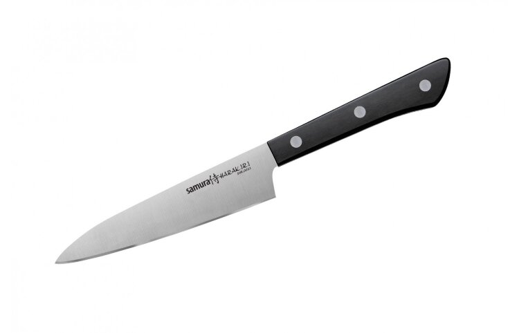 Нож кухонный универсальный HARAKIRI 120 мм, AUS 8 #3000 черный /Samura Нож Samura Harakiri  Универсальный предназначен для нарезки некрупных продуктов. Японские ножи серии Harakiri отличаются легкостью, балансом формы и содержания. Стальное тонкое лезвие, заточенное на водном камне, надолго сохранит остроту и никогда не заржавеет. Рукоять из высококачественного пластика идеально ляжет в руку и не будет выскальзывать даже из влажных ладоней. 



Назначение	Для общего назначения. Можно выполнять все виды работ на кухне
Длина лезвия, мм	120
Материал лезвия	AUS 8
Твердость лезвия, HRC	58
Количество слоев	1
Тип заточки	двусторонняя, #3000
Материал рукояти	ABS пластик
Упаковка	блистер