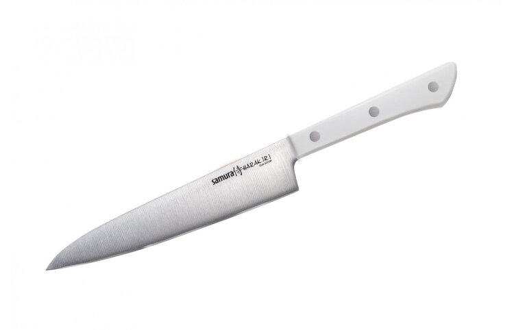 Нож кухонный универсальный HARAKIRI 150 мм, AUS 8 #3000 черный /Samura Нож Samura Harakiri Универсальный предназначен для нарезки некрупных продуктов. Японские ножи серии Harakiri отличаются легкостью, балансом формы и содержания. Стальное тонкое лезвие, заточенное на водном камне, надолго сохранит остроту и никогда не заржавеет. Рукоять из высококачественного пластика идеально ляжет в руку и не будет выскальзывать даже из влажных ладоней. 


Назначение	Для общего назначения. Можно выполнять все виды работ на кухне
Длина лезвия, мм	150
Материал лезвия	AUS 8
Твердость лезвия, HRC	58
Количество слоев	1
Тип заточки	двусторонняя, #3000
Материал рукояти	ABS пластик
Упаковка	блистер