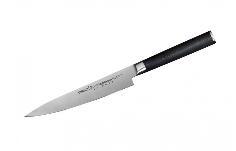 Нож кухонный &quot;Samura Mo-V&quot; универсальный 150 мм, G-10 Нож Samura Mo-V Универсальный, 150 мм – это высококачественная модель, выполненная из отличной стали, и потому неудивительно, что этот инструмент прослужит годами, не требуя частой заточки или особого ухода. При этом изящное лезвие будет практически невозможно исцарапать, а эргономичная рукоять из стеклотекстолита не выскользнет даже из влажной руки, и от нее не появятся мозоли, даже если вы будете работать с ножом целый день. 

Назначение	Для общего назначения. Можно выполнять все виды работ на кухне
Длина лезвия, мм	150
Материал лезвия	AUS 8
Твердость лезвия, HRC	59
Количество слоев	1, антибактериальный больстер
Тип заточки	двусторонняя, 3000#
Материал рукояти	стеклотекстолит G-10
Упаковка	фирменная коробка