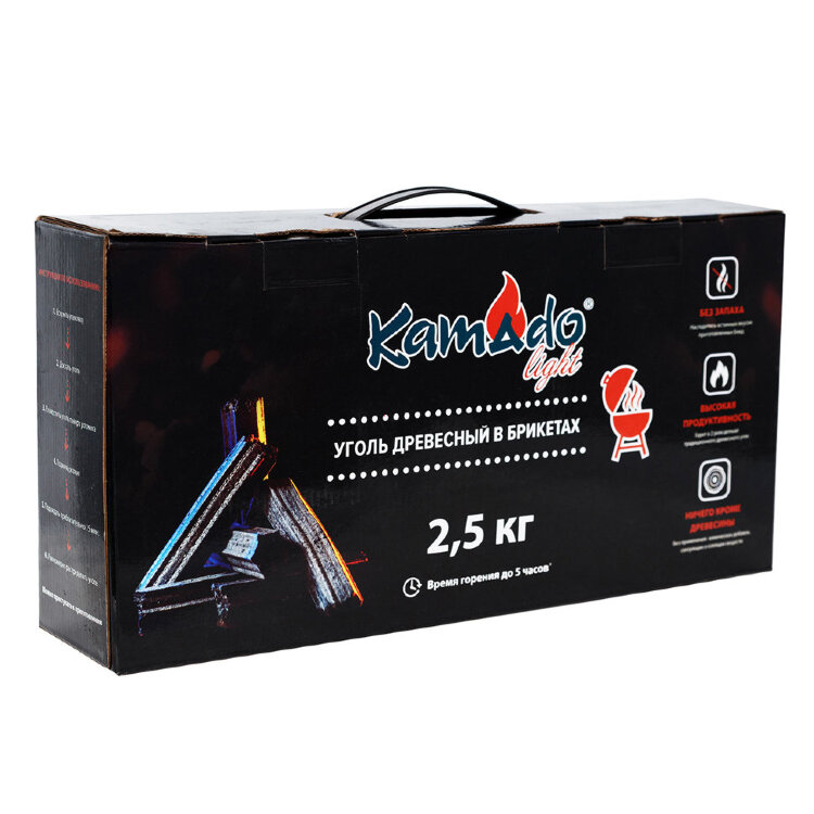 Уголь &quot;Камадо&quot; 2,5 кг. коробка Хорошо знакомые угольные брикеты Камадо в новой упаковке по 2,5 кг. Коробка оформлена в премиум-формате и имеет удобную ручку для переноски.