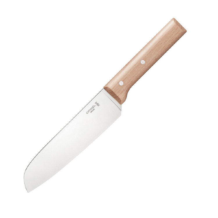 Нож кухонный Opinel №119 нержавеющая сталь Нож кухонный «сантоку», с жестким и стабильным лезвием. Модель обеспечивает идеальную нарезку, прекрасно адаптируясь к каждому типу продуктов. Простой и эффективный нож делает занятие кулинарией легким и приятным процессом. Длина лезвия достигает 17 сантиметров, в основе – сталь марки X50CrMoV15. Это нержавеющий металлический сплав с высокой коррозионной стойкостью и отменным качеством резки. Твердость стали достигает 58 единиц по шкале Роквелла.

Рукоятка изделия выполнена с применением древесины бука. Бук является наиболее популярной древесиной для изготовления ручек Opinel. Для лучшей защиты от влаги и грязи рукоять покрыта лаком.

При работе с ножом помните о правилах по уходу за изделием. Для ножей Opinel производители рекомендуют ручную мойку. Также берегите нож от воздействия агрессивных чистящих средств. Хранить модель рекомендуется в специально предусмотренном месте, отдельно от остальной посуды. Используйте изделие строго по назначению.

Характеристики ножа:
тип ножа – нескладной;
тип заточки – прямой;
длина экземпляра – 30,2 сантиметра;
длина лезвия – 17 сантиметров;
толщина клинка – 2,8 миллиметра;
весит 144 грамма;
произведено во Франции;
гарантия пожизненная.