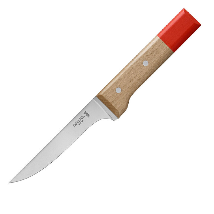 Нож разделочный для мяса и курицы Opinel №122 нержавеющая сталь Нож для разрыхления и обвалки мяса и птицы. Имеет крепкий клинок, изготовленный из прочной стали X50CrMoV15. Жесткое лезвие толщиной в 2,5 миллиметра делает работу простой и эффективной. Длина лезвия составляет 13 сантиметров. Сталь марки X50CrMoV15 – это металлический сплав с отличной коррозионной стойкостью. Кроме того, эта сталь обеспечивает высокое качество резки.

Рукоять ножа сделана из древесины бука. Бук очень часто применяют в процессе производства изделий марки Opinel. Ручка модели удобна для хвата, и позволяет вам работать безопасно. Рукоять покрыта лаком для защиты от воздействия влаги и грязи.

При использовании модели соблюдайте правила по уходу за изделием. Хранить нож рекомендуется в специально отведенном для этого месте, отдельно от остальной посуды. Используйте нож строго по назначению. Также следует беречь изделие от контакта с агрессивными чистящими средствами. Предусмотрена только ручная мойка. Берегите нож от повреждений и деформаций.

Характеристики ножа:
нож нескладной;
тип заточки – прямой;
твердость – 58 единиц по шкале Роквелла;
длина лезвия – 13 сантиметров;
толщина лезвия – 2,5 миллиметра;
вес изделия – 84 грамма;
произведено во Франции;
гарантия пожизненная.
