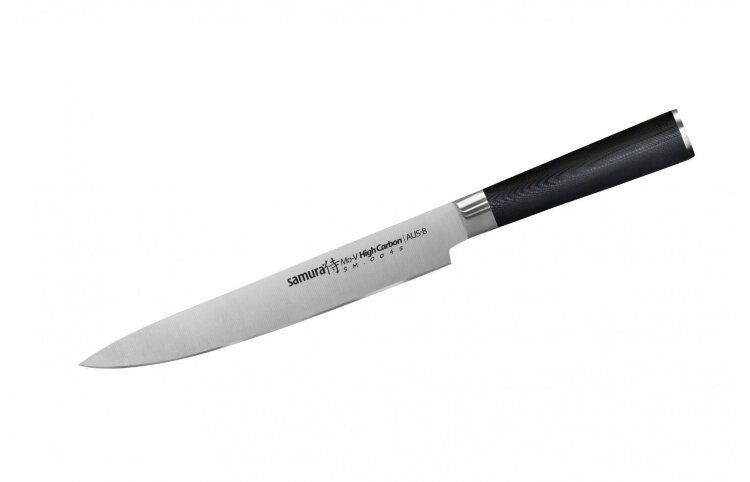 Нож кухонный для нарезки Mo-V 230 мм, AUS-8 #3000 G-10 /Samura Нож Samura Mo-V для нарезки, 230 мм позволит выполнять нарезку с истинным комфортом, ведь этот нож идеально оптимизирован для решения именно таких задач. При этом вещь не потребует ухода, заботы и внимания, ведь она надежна и практически неуязвима, требует лишь минимального ухода. Нож не заржавеет, не сорвется, ведь эргономичная рукоять идеально ляжет в руку, и не будет выскальзывать даже из влажных ладоней. 

Назначение	Для нарезки тонкими кусочками колбас, филе, ветчины, рыбы, мяса
Длина лезвия, мм	230
Материал лезвия	AUS 8
Твердость лезвия, HRC	59
Количество слоев	1, антибактериальный больстер
Тип заточки	двусторонняя, 3000#
Материал рукояти	стеклотекстолит G-10
Упаковка	фирменная коробка