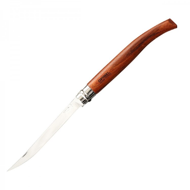 Нож филейный Opinel №15 нержавеющая сталь, рукоять бубинга, 243150 Филейный нож Opinel №15 – один из самых больших в своей серии. Его удобно использовать для разрезания как филе мяса, так и рыбы. Этот нож не ржавеет, а его рукоятка сделана из практичного и красивого материала – древесины бубинга.

Модель Opinel №15 относится к категории филейных ножей. Это во многом определяет его форму. Лезвие ножа довольно тонкое и узкое, с длинным заостренным кончиком. Эта геометрия отлично подходит для отделения мякоти мяса от кости или разрезания ее на части. В то же время, не рекомендуется использовать Opinel №15 для слишком твердых материалов, поскольку его гибкое лезвие может сломаться.

В модели Опинель №15 используется нержавеющий металл. Это шведская сталь, которая наряду с отличной стойкостью к коррозии, обладает еще и большой твердостью (порядка 58 HRC). Такие ножи долго остаются остро заточенными, а мыть их можно даже в посудомоечной машине.

Длина клинка у Опинель №15 составляет 150 мм. Вместе с рукояткой размер ножа достигает 330 мм. Однако это вовсе не проблема, ведь данная модель – складная и во время перевозки может быть очень компактной. Заточено лезвие обычным способом – гладко, что делает его универсальным.

Для рукоятки этого ножа производители решили использовать древесину дерева бубинга. Древесина традиционно считается одним из лучших материалов для моделей классического стиля. А привлекательный внешний вид именно этой породы делает нож еще более заметным среди остальных. Зауженная к концу рукоятка с приспущенным хвостом позволяет удобно держать Опинель №15 в руке.

Между рукояткой и клинком расположена еще одна металлическая деталь, внешне напоминающая поворотную муфту. Это замок Вироблок, который в состоянии держать клинок как открытым, так и убранным внутрь рукоятки. Его использование делает работу с ножом максимально безопасной, а сам замок – надежный и весьма долговечный.

Особенности:
складной филейный нож;
размер лезвия по длине – 15 см;
гладко заточенная кромка;
сталь - Sandvik 12C27;
рукоятка из древесины бубинга;
нож весит 68 г;
используется замок Вироблок.