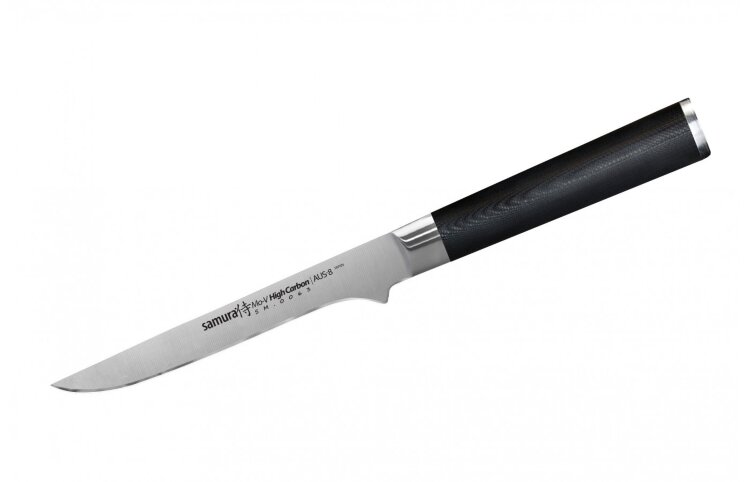 Нож кухонный обвалочный Mo-V 165 мм, AUS-8 #3000 G-10 /Samura Нож Samura Mo-V Обвалочный, 165 мм – это инструмент для работы с мясом, и он обеспечивает возможность профессионального ее исполнения вне зависимости от подхода и уровня пользователя. Сталь лезвия практически не тупится, так что отвлекаться постоянно на затачивание инструмента не придется. Нож обладает удобной рукоятью, эргономичность которой не просто упрощает выполнение работ, но и обеспечивает достойный уровень безопасности. 

Назначение	Для отделения жил от мяса, мяса от кости. Удобен для разделки курицы и рыбы.
Длина лезвия, мм	165
Материал лезвия	AUS 8
Твердость лезвия, HRC	59
Количество слоев	1, антибактериальный больстер
Тип заточки	двусторонняя, 3000#
Материал рукояти	стеклотекстолит G-10
Упаковка	фирменная коробка
