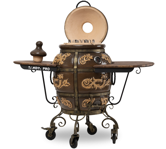 Тандыр Персидский + откидная крышка + 2 столика с деревянной столешницей + колеса (черный) 